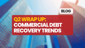 a red and white banner with text reading commercial debt recovery trends