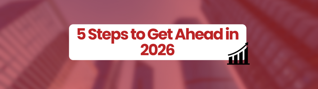 large red box with white small box inside. small black increase graph at bottom right hand corner or small white box. Tall buildings in background of image.